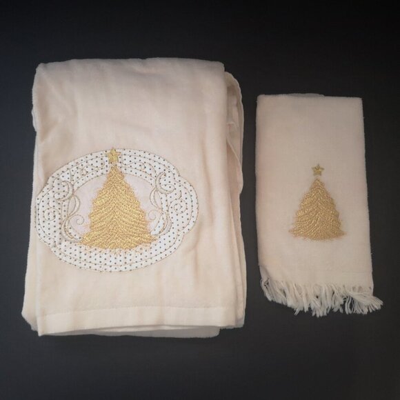 Elco Set of Christmas Themed Towel & Hand Towel Beige with Gold Christmas Tree - Picture 1 of 4